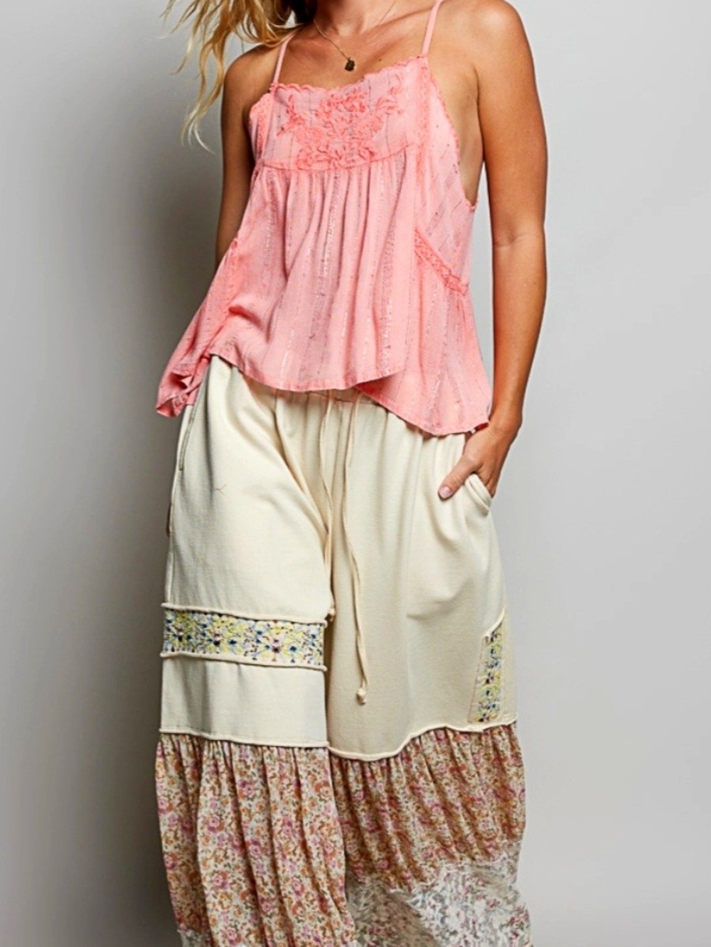 POL Wide Leg Boho Patchwork  Pants in Cream and Floral